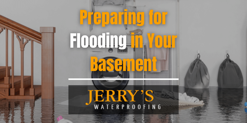 A flooded basement with the words "Preparing for flooding in your basement"