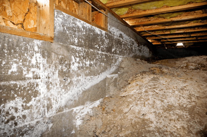 A crawl space with wiring running through it is shown