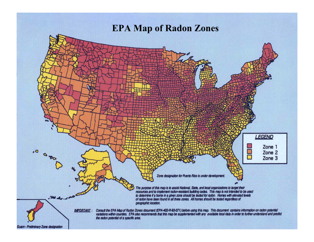map of where in US radon problems are most likely