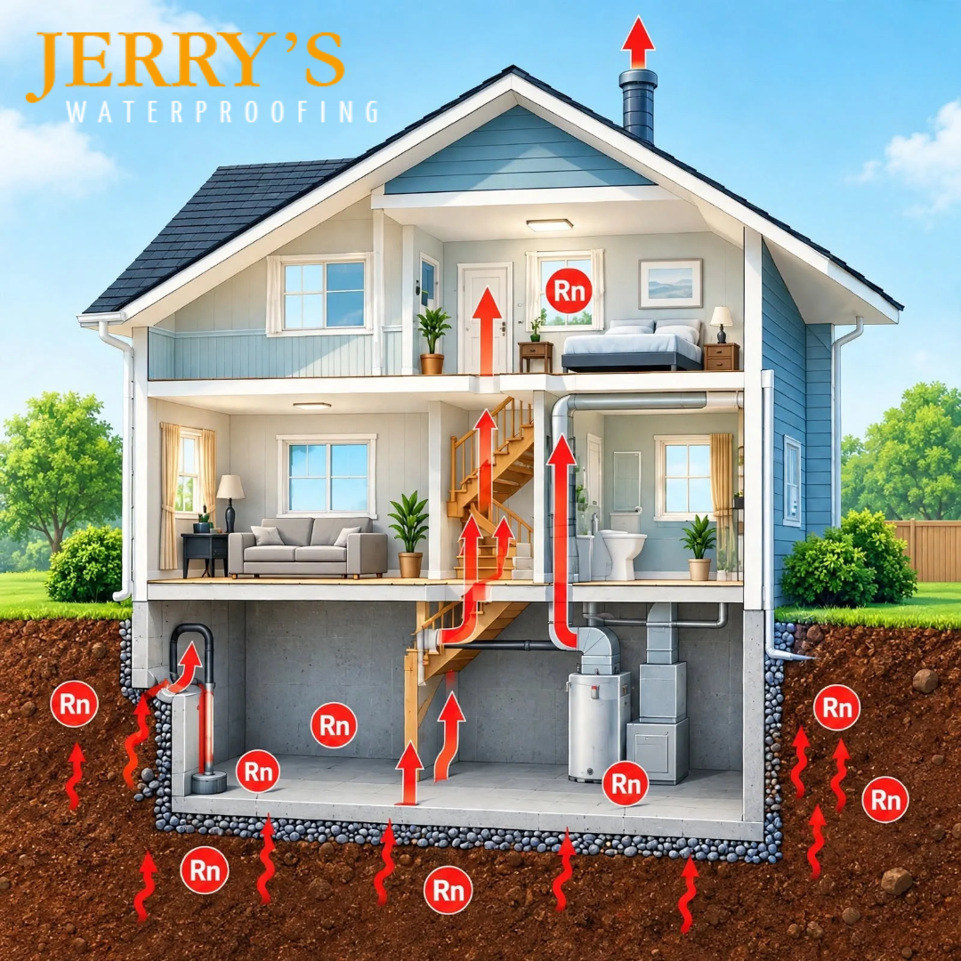 Illustration showing how Radon enters a home through the foundation and can move upward throughout the home